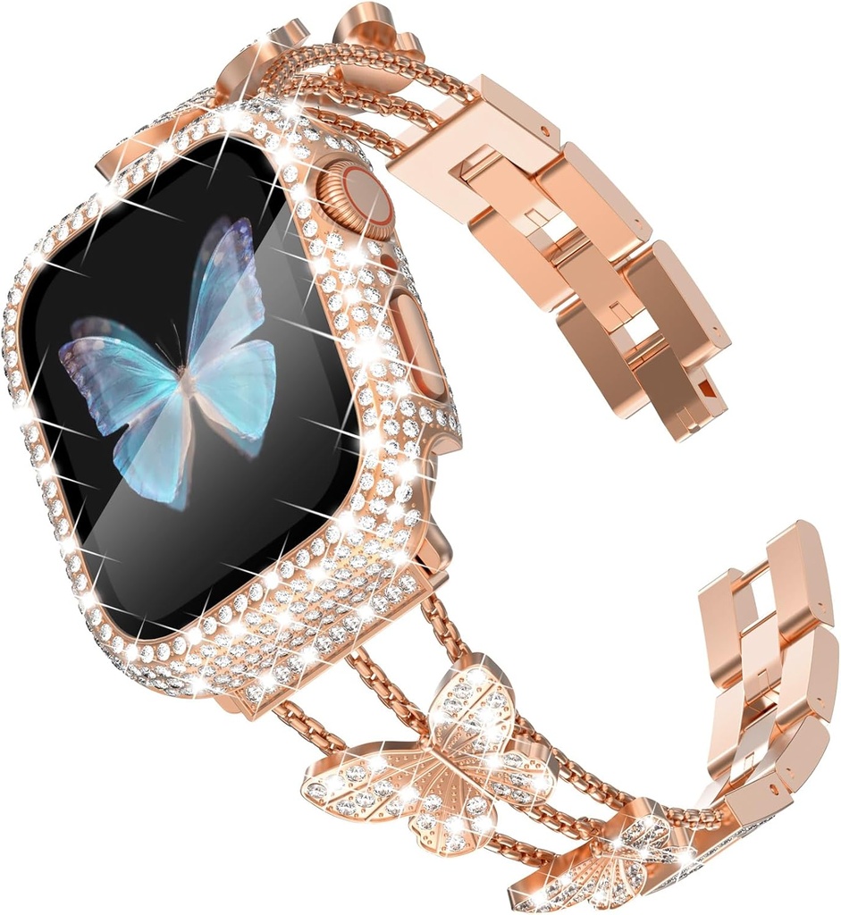 WINGLE Bling Band and Case for Apple Watch Band Women 38mm Series 3 2 1, Butterfly Diamond Metal Band Rhinestone Crystal Bracelet Jewelry Chain with Sparkle Screen Protector Case, 38 mm Rose Gold