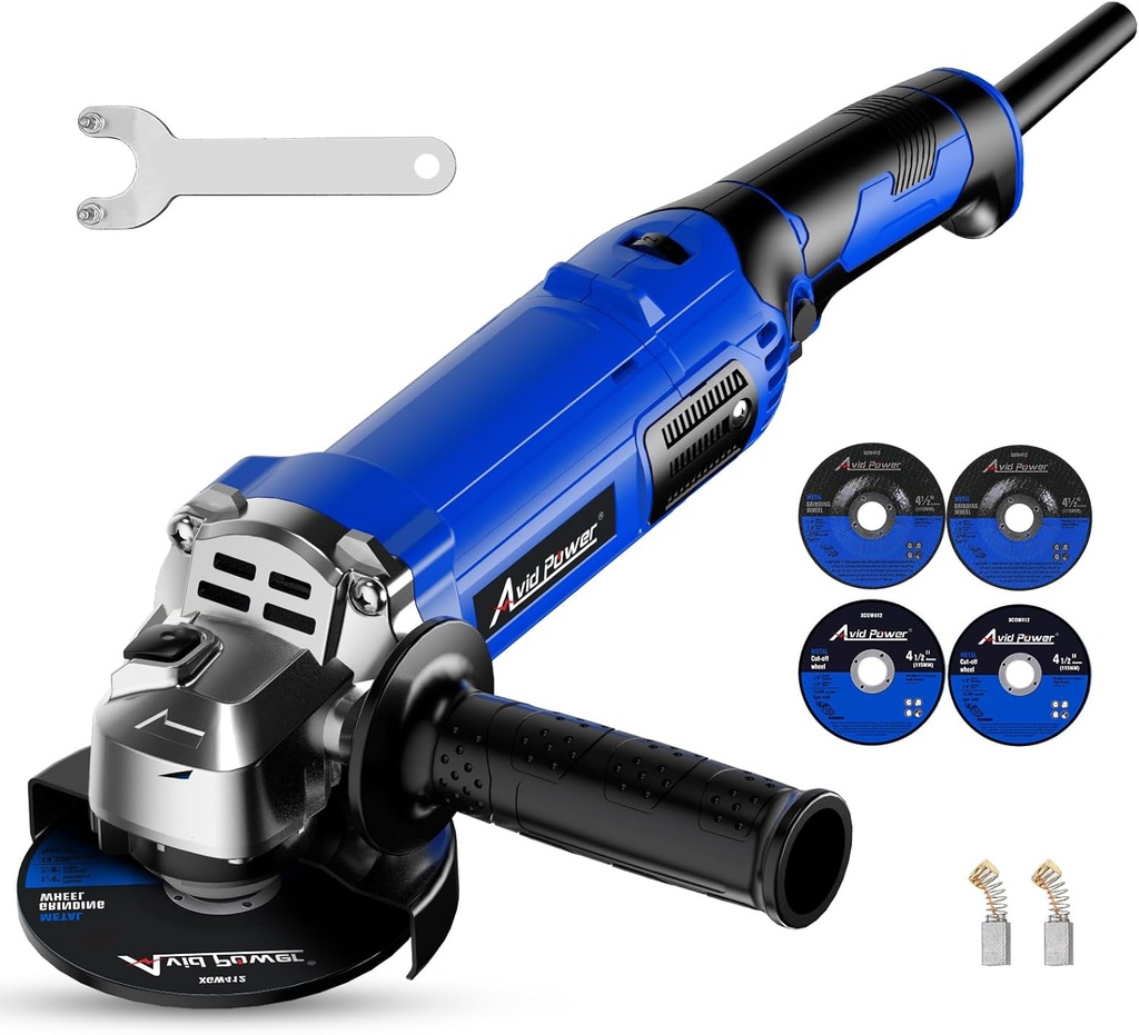 AVID POWER Angle Grinder 4-1/2 Inch 8.0 Amp 1000W Electric Grinder Tool 7-Variable-Speed Metal Grinder, 11,500 RPM, Paddle Switch with Lock-on Button, Cutting & Grinding Wheels and Side Handle - Blue
