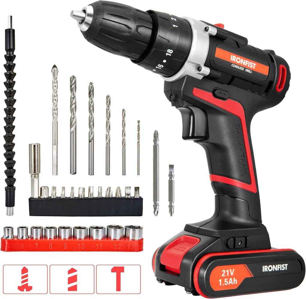 Cordless Drill, Screwdriver Impact Power Tools 21V Lithium Battery 3/8inch Keyless Chuck Led Light 2 Speed Driver