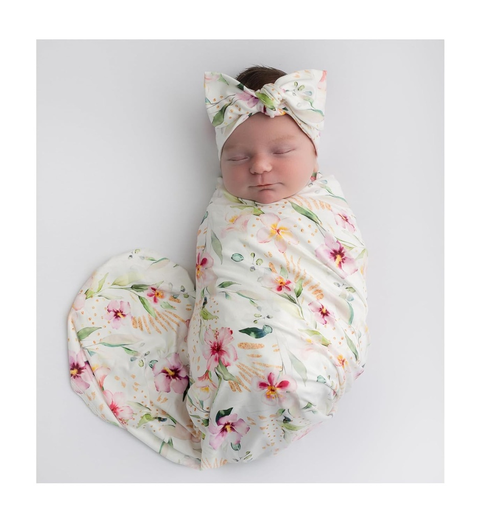 Baby Receiving Blanket Swaddle Blanket Infant Wrap with Matching Headband Beanie and Name Card (Ink Red Floral)