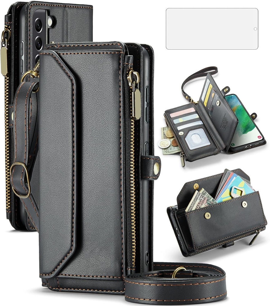 Asuwish Phone Case for Samsung Galaxy S21 FE 5G Zipper Wallet Cover with Tempered Glass Screen Protector and Flip RFID Blocking Card Holder Cell S 21 EF S21FE5G UW S21FE 21S G5 6.4 inch Women Black