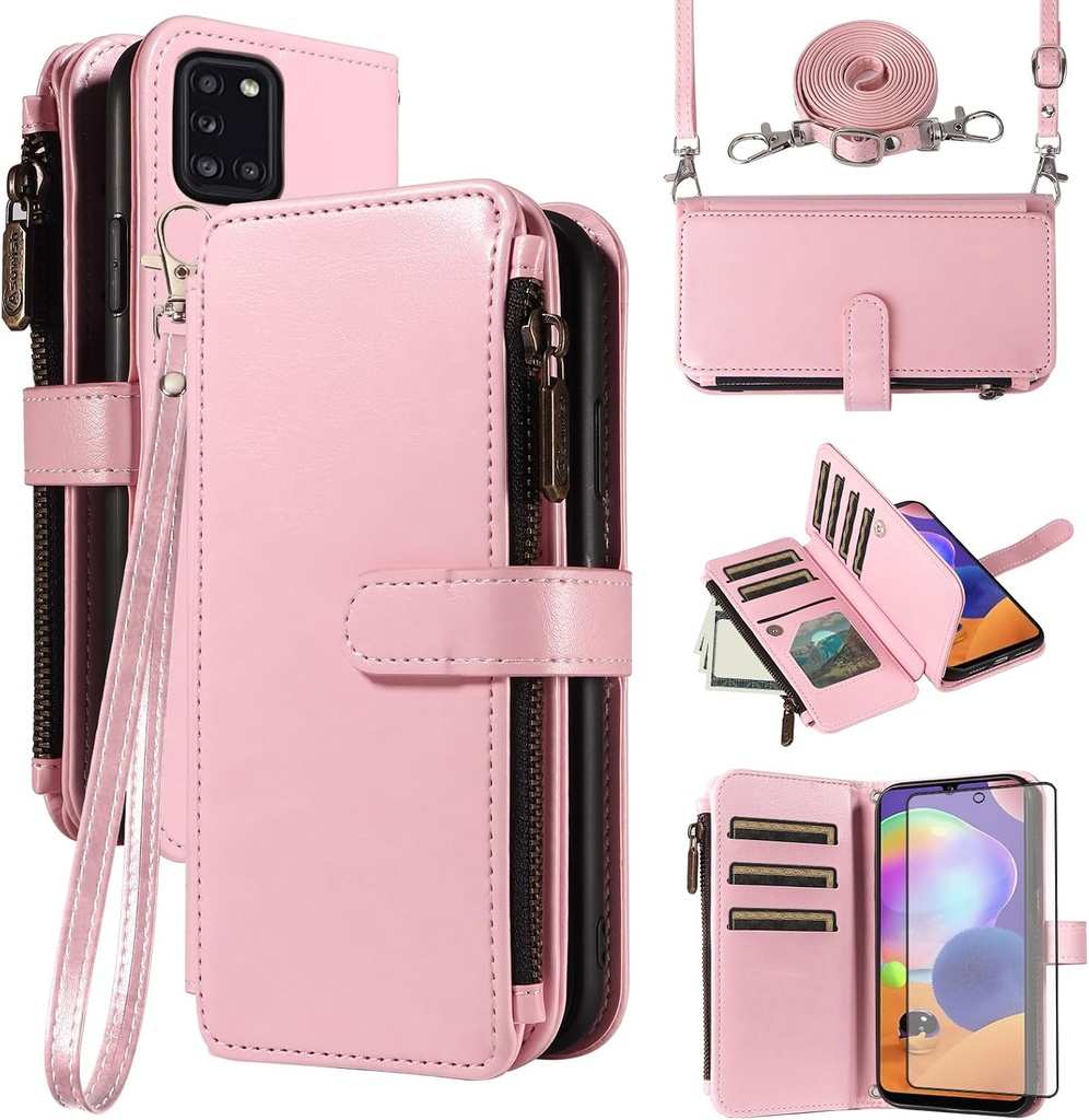 Asuwish Phone Case for Samsung Galaxy A31 Cover with Tempered Glass Screen Protector and Lanyard Zipper Wallet Card Holder Slot Stand Mobile Flip Cell Accessories A 31 4G 31A A315G Women Men Pink