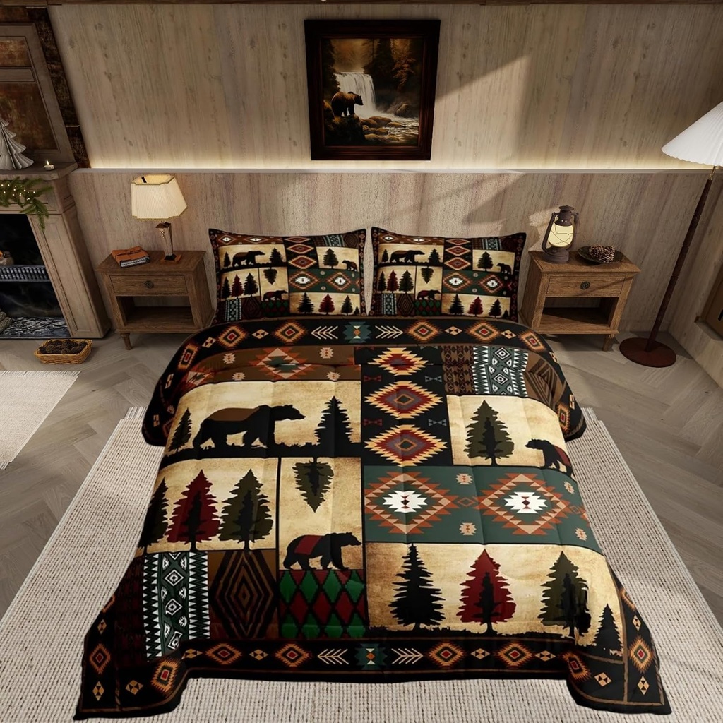 Feelyou Bear Bedding Set Soft for Boys Girls, Rustic Cabin Comforter Set Twin Size Wildlife Hunting Theme Duvet Quilt Microfiber Farmhouse Bedroom Decor Olive Brown 2 Pcs with 1 Pillow Cases