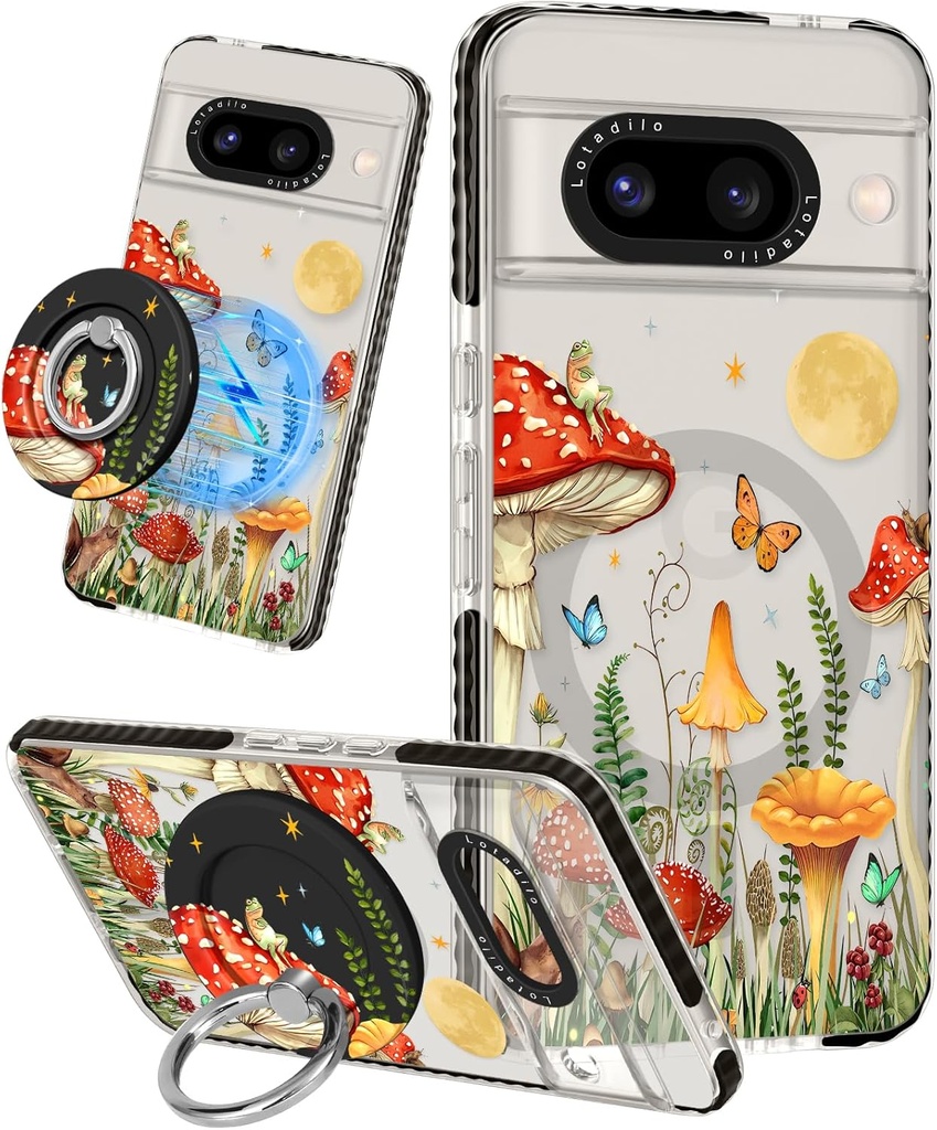 Lotadilo Cute for Google Pixel 8A Case - Compatible with Magsafe Magnetic Ring Holder Stand Kickstand for Women Girls Girly Funny Fashion Pretty TPU Phone Covers Butterfly Mogu Design