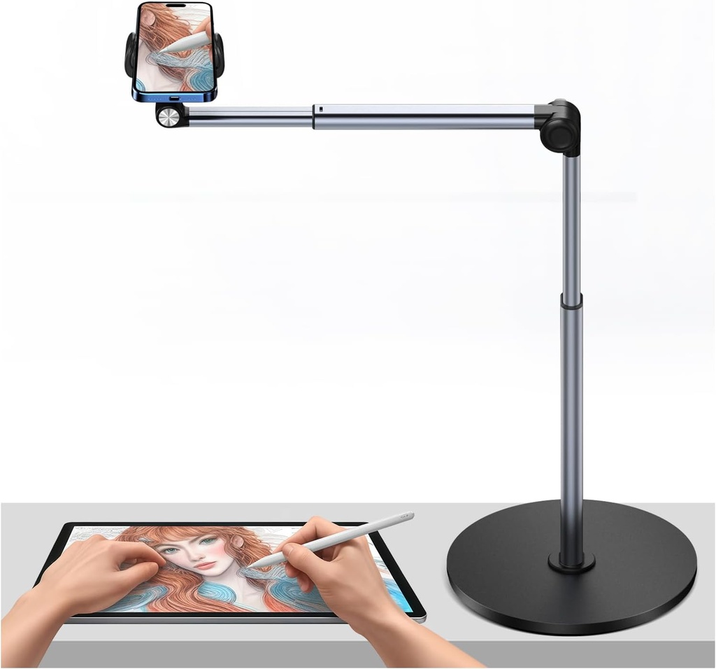 yAyusi Heavy Duty Aluminum Overhead Tripod for iPhone, 12 in Long Phone Mount for Desk, Flexible Articulating Arm Overhead Phone Mount for Live Streaming, Meeting, Cooking (Clip)