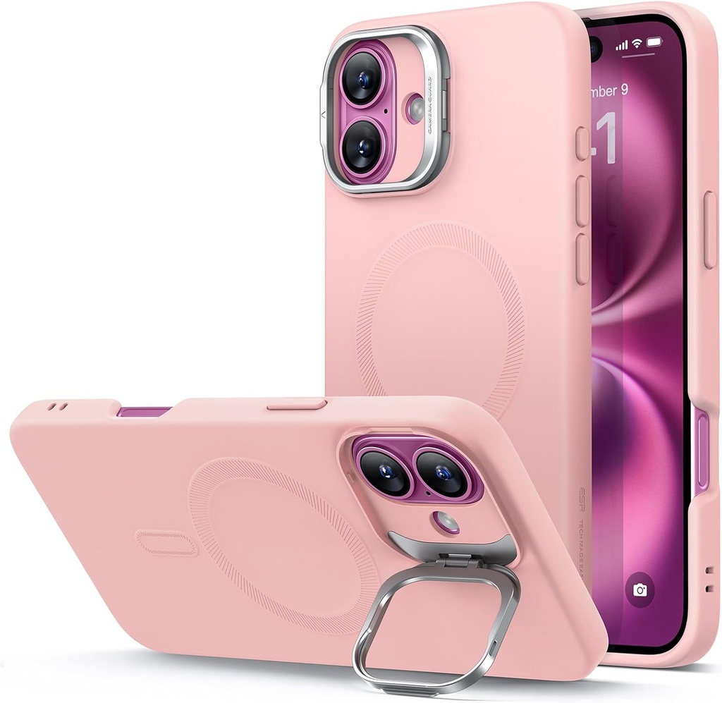 ESR for iPhone 16 Plus Case, Silicone Case with Stand, Compatible with MagSafe, Built-in Camera Stash Stand, Magnetic Phone Case for iPhone 16 Pro Max, Cloud Series, Pink