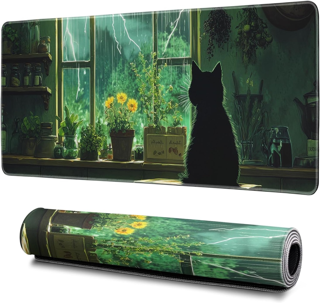 Green Black Cat Mouse Pad Abstract Green Mouse Pad 31.5x11.8 Inch Cat Texture Non-Slip Rubber Base Large Mousepad Stitched Edges Keyboard Mouse Mat Desk Pad for Office and Home
