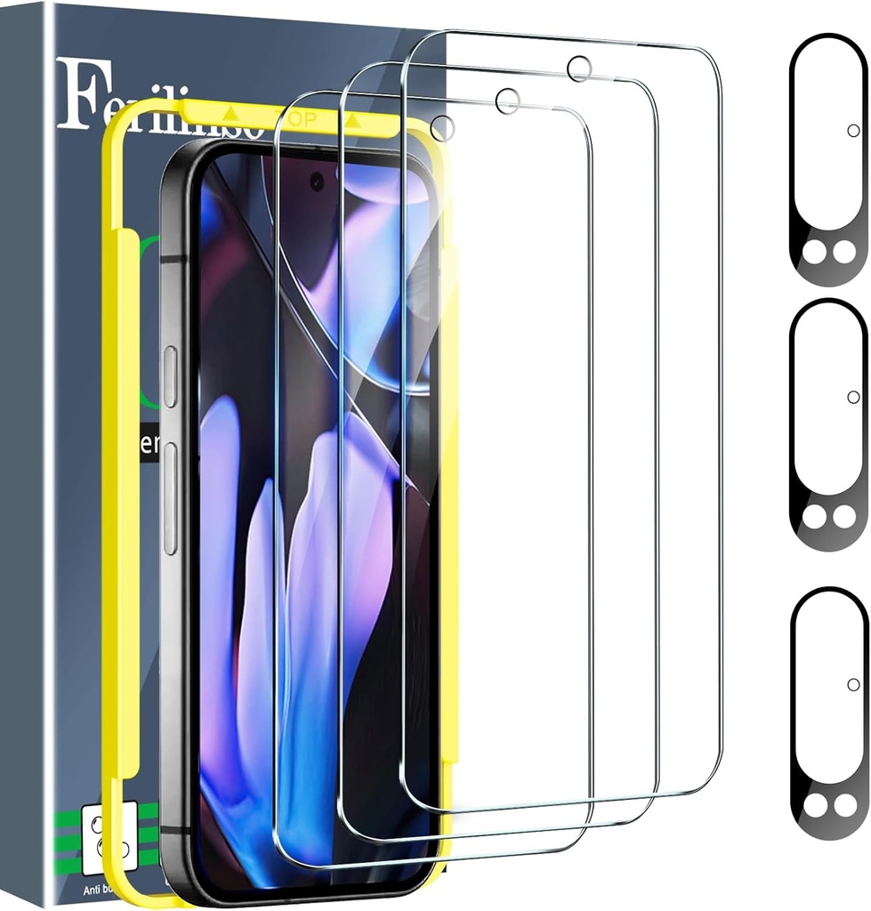 Ferilinso Full Coverage 3 Pack Screen Protector for Google Pixel 9 Pro XL [Phone Case Friendly], 3 Pack Tempered Glass Camera Lens Protector Accessories [Auto- Dusting & Adhesive]