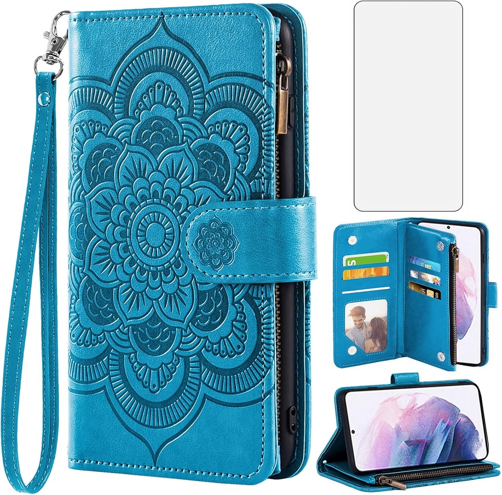 Asuwish Phone Case for Samsung Galaxy S22 Plus S22+ 5G Wallet Cover with Tempered Glass Screen Protector and Flip Credit Card Holder Stand Cell Accessories S22+5G S22plus 22S + S 22 22+ Women Men Blue